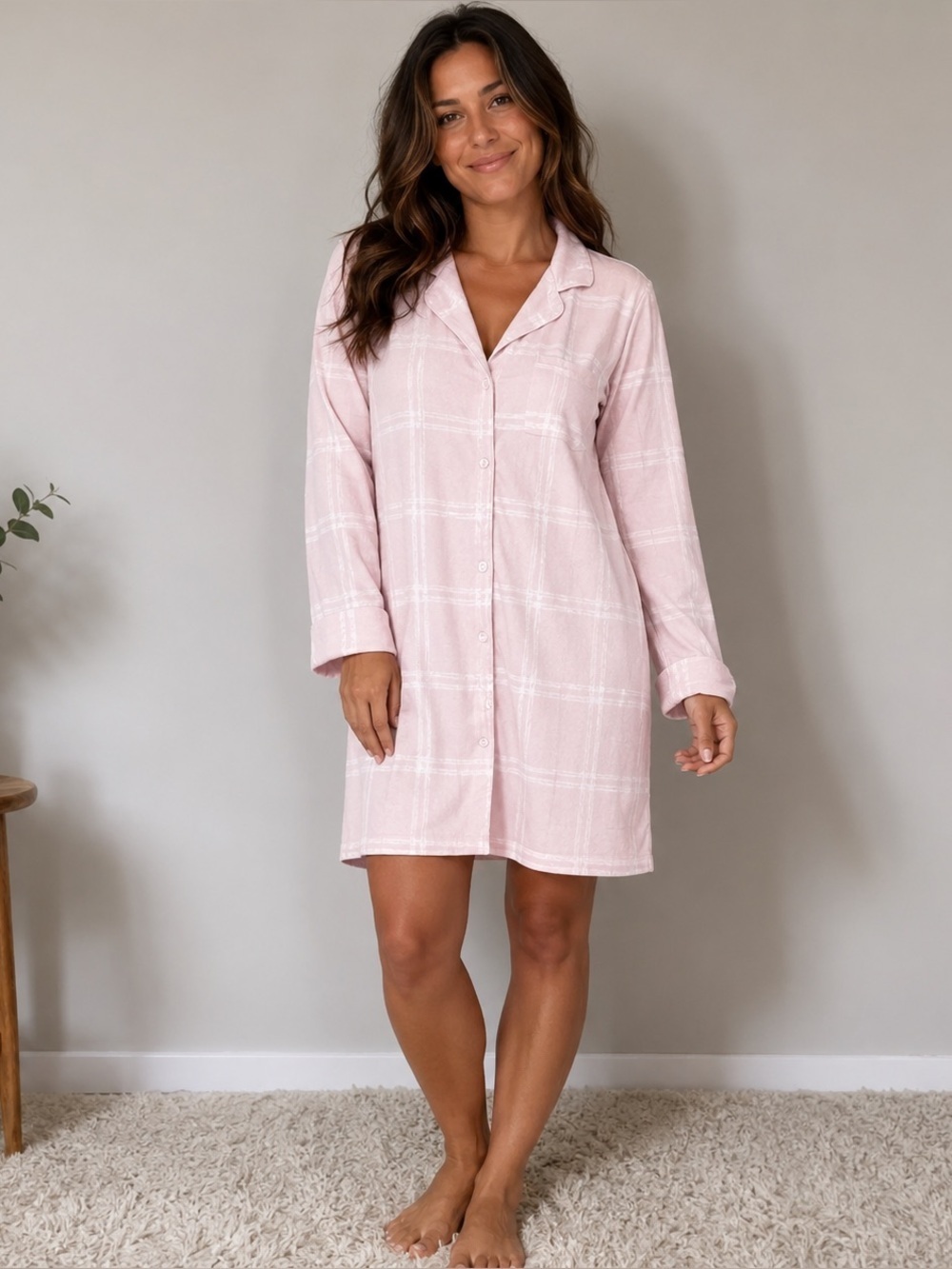 Anne Klein long sleeve notch plaid sleep shirt Pink medium